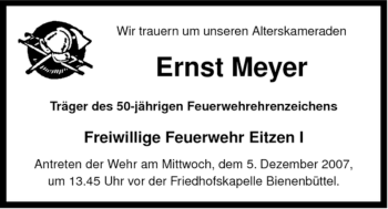 Traueranzeige von Ernst Meyer von ALLGEMEINE ZEITUNG UELZEN