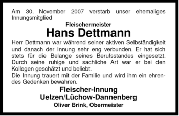 Traueranzeige von Hans Dettmann von ALLGEMEINE ZEITUNG UELZEN