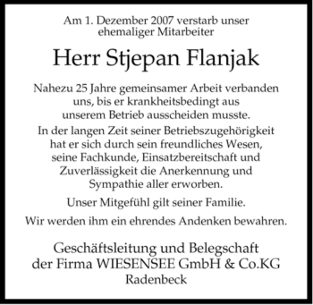 Traueranzeige von Stjepan Flanjak von ALLGEMEINE ZEITUNG UELZEN