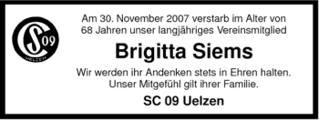 Traueranzeige von Brigitta Siems von ALLGEMEINE ZEITUNG UELZEN