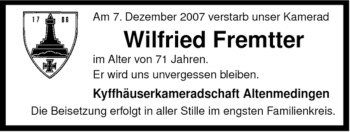 Traueranzeige von Wilfried Fremtter von ALLGEMEINE ZEITUNG UELZEN