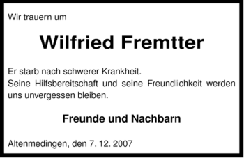 Traueranzeige von Wilfried Fremtter von ALLGEMEINE ZEITUNG UELZEN