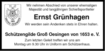 Traueranzeige von Ernst Grünhagen von ALLGEMEINE ZEITUNG UELZEN