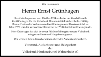 Traueranzeige von Ernst Grünhagen von ALLGEMEINE ZEITUNG UELZEN