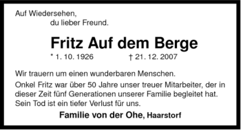 Traueranzeige von Fritz Auf dem Berge von ALLGEMEINE ZEITUNG UELZEN