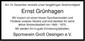 Traueranzeige von Ernst Grünhagen von ALLGEMEINE ZEITUNG UELZEN