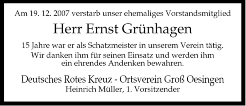  Traueranzeige für Ernst Grünhagen vom 29.12.2007 aus ALLGEMEINE ZEITUNG UELZEN