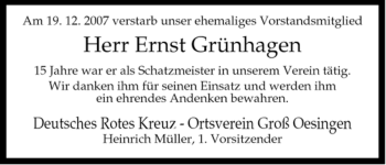 Traueranzeige von Ernst Grünhagen von ALLGEMEINE ZEITUNG UELZEN