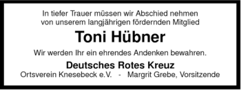 Traueranzeige von Toni Hübner von ALLGEMEINE ZEITUNG UELZEN