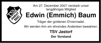 Traueranzeige von Edwin Baum von ALLGEMEINE ZEITUNG UELZEN