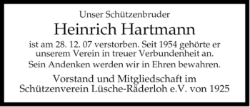 Traueranzeige von Heinrich Hartmann von ALLGEMEINE ZEITUNG UELZEN