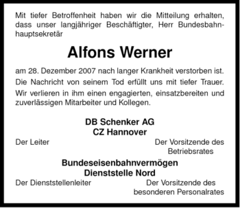 Traueranzeige von Alfons Werner von ALLGEMEINE ZEITUNG UELZEN