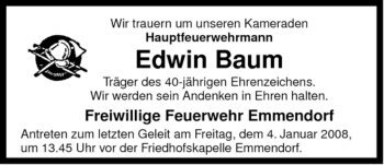 Traueranzeige von Edwin Baum von ALLGEMEINE ZEITUNG UELZEN