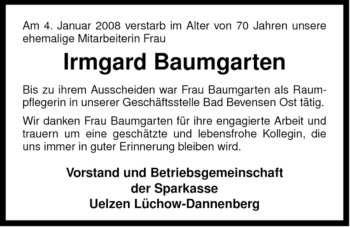 Traueranzeige von Irmgard Baumgarten von ALLGEMEINE ZEITUNG UELZEN