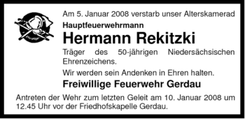 Traueranzeige von Hermann Rekitzki von ALLGEMEINE ZEITUNG UELZEN