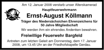 Traueranzeige von Ernst-August Köllmann von ALLGEMEINE ZEITUNG UELZEN