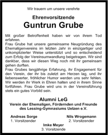 Traueranzeige von Guntrun Grube von ALLGEMEINE ZEITUNG UELZEN