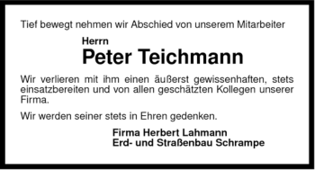 Traueranzeige von Peter Teichmann von ALLGEMEINE ZEITUNG UELZEN