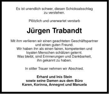 Traueranzeige von Jürgen Trabandt von ALLGEMEINE ZEITUNG UELZEN