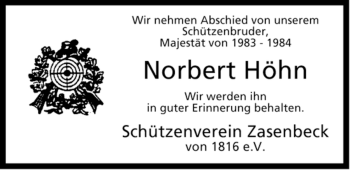 Traueranzeige von Norbert Höhn von ALLGEMEINE ZEITUNG UELZEN