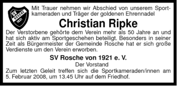 Traueranzeige von Christian Ripke von ALLGEMEINE ZEITUNG UELZEN