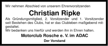 Traueranzeige von Christian Ripke von ALLGEMEINE ZEITUNG UELZEN