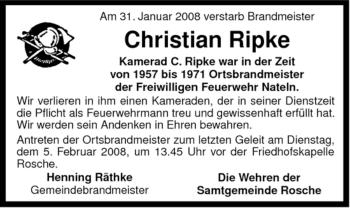 Traueranzeige von Christian Ripke von ALLGEMEINE ZEITUNG UELZEN