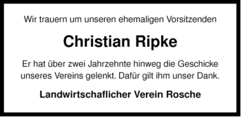 Traueranzeige von Christian Ripke von ALLGEMEINE ZEITUNG UELZEN