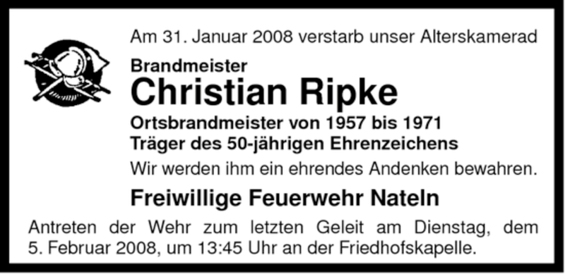  Traueranzeige für Christian Ripke vom 04.02.2008 aus ALLGEMEINE ZEITUNG UELZEN