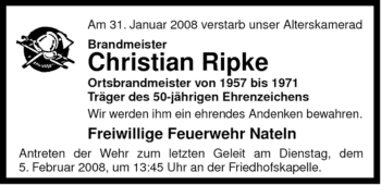 Traueranzeige von Christian Ripke von ALLGEMEINE ZEITUNG UELZEN