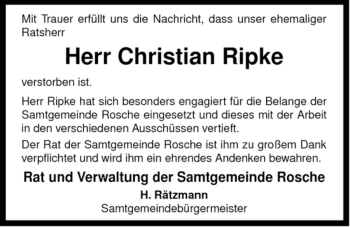 Traueranzeige von Christian Ripke von ALLGEMEINE ZEITUNG UELZEN