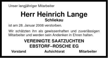 Traueranzeige von Heinrich Lange von ALLGEMEINE ZEITUNG UELZEN