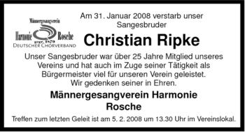 Traueranzeige von Christian Ripke von ALLGEMEINE ZEITUNG UELZEN