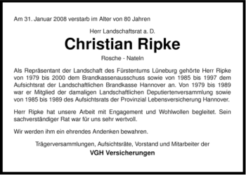 Traueranzeige von Christian Ripke von ALLGEMEINE ZEITUNG UELZEN