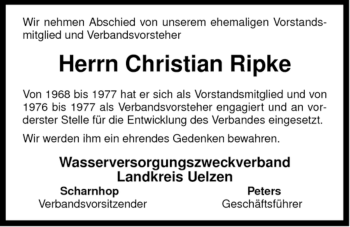 Traueranzeige von Christian Ripke von ALLGEMEINE ZEITUNG UELZEN