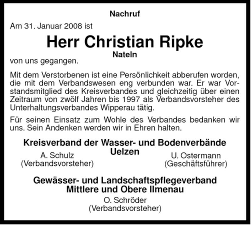  Traueranzeige für Christian Ripke vom 05.02.2008 aus ALLGEMEINE ZEITUNG UELZEN