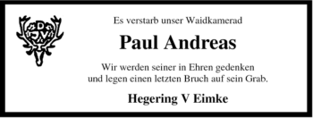 Traueranzeige von Paul Andreas von ALLGEMEINE ZEITUNG UELZEN