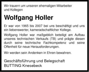 Traueranzeige von Wolfgang Holler von ALLGEMEINE ZEITUNG UELZEN