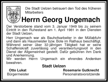 Traueranzeige von Georg Ungemach von ALLGEMEINE ZEITUNG UELZEN