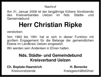 Traueranzeige von Christian Ripke von ALLGEMEINE ZEITUNG UELZEN