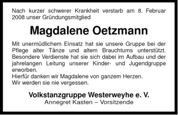 Traueranzeige von Magdalene Oetzmann von ALLGEMEINE ZEITUNG UELZEN