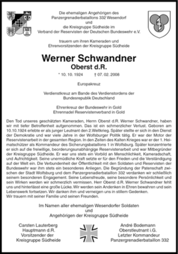 Traueranzeige von Werner Schwandner von ALLGEMEINE ZEITUNG UELZEN