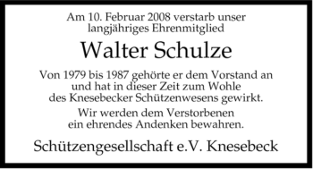 Traueranzeige von Walter Schulze von ALLGEMEINE ZEITUNG UELZEN