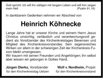 Traueranzeige von Heinrich Köhnecke von ALLGEMEINE ZEITUNG UELZEN