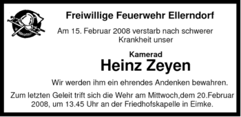 Traueranzeige von Heinz Zeyen von ALLGEMEINE ZEITUNG UELZEN
