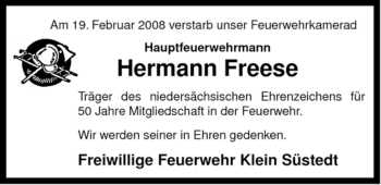 Traueranzeige von Hermann Freese von ALLGEMEINE ZEITUNG UELZEN