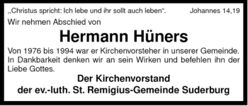 Traueranzeige von Hermann Hüners von ALLGEMEINE ZEITUNG UELZEN