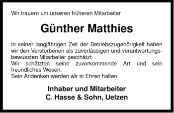 Traueranzeige von Günther Matthies von ALLGEMEINE ZEITUNG UELZEN