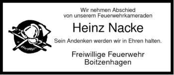 Traueranzeige von Heinz Nacke von ALLGEMEINE ZEITUNG UELZEN