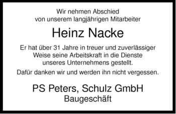 Traueranzeige von Heinz Nacke von ALLGEMEINE ZEITUNG UELZEN